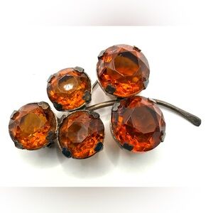Vintage Sterling Amber Glass Brooch Czech Style Topaz Rhinestone Clover Pin 1940